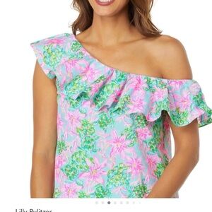 Lilly Pulitzer Pink & Aqua Floral One-Shoulder Ruffle Top